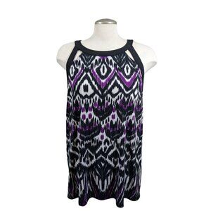 Womens Plus XXL Top Ikat Cut Out Tunic Sleeveless Blouse High Neck Purple Black